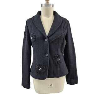 Clothes by Revue Black 100% Wool Sweater Jacket Floral Design Sz L